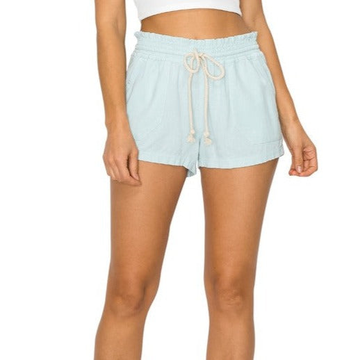 Cali Casual Smocked Waist Linen Beach Shorts - Light Blue Womens Short