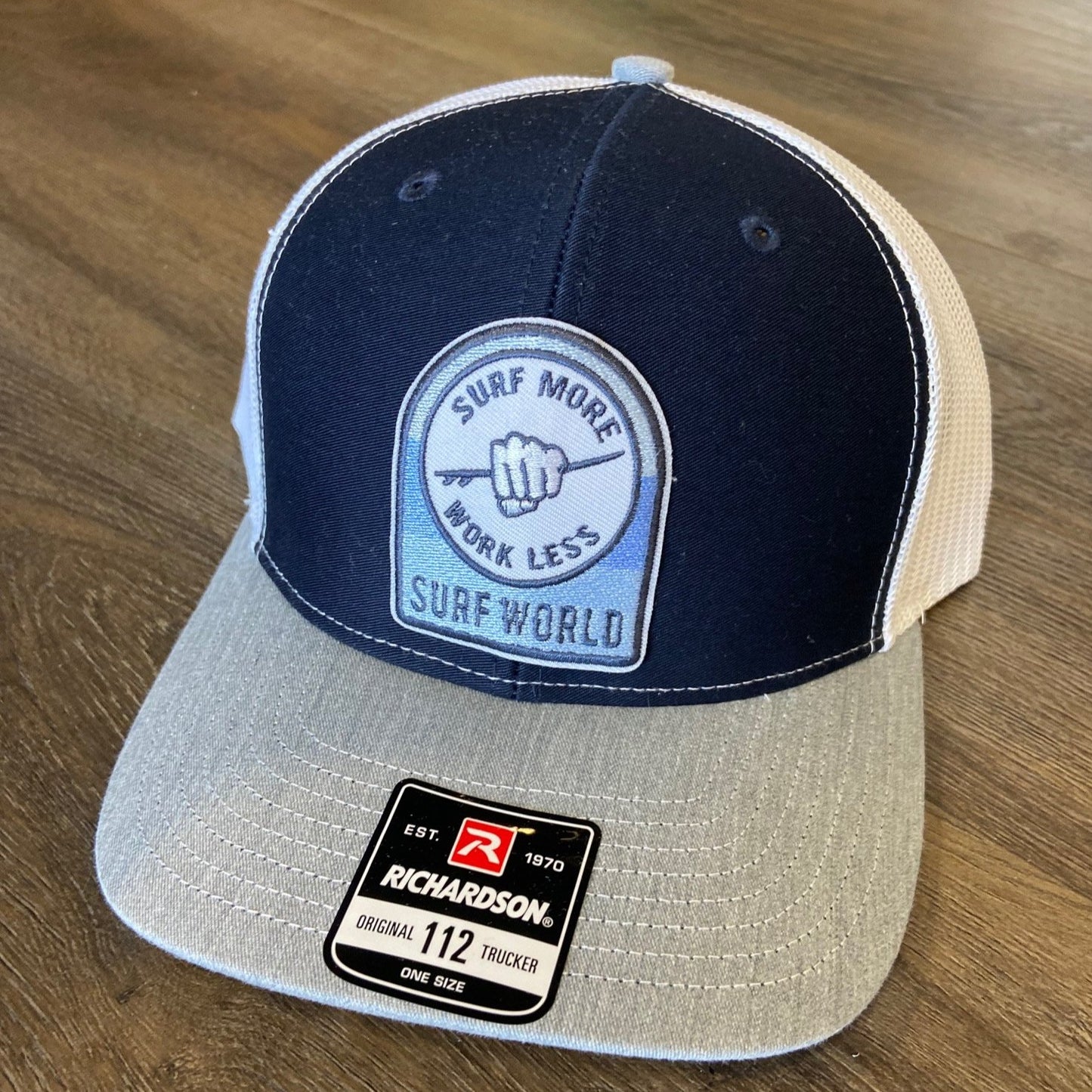 Surf World Surf More Work Less Trucker Hats Mens Hat Navy Grey