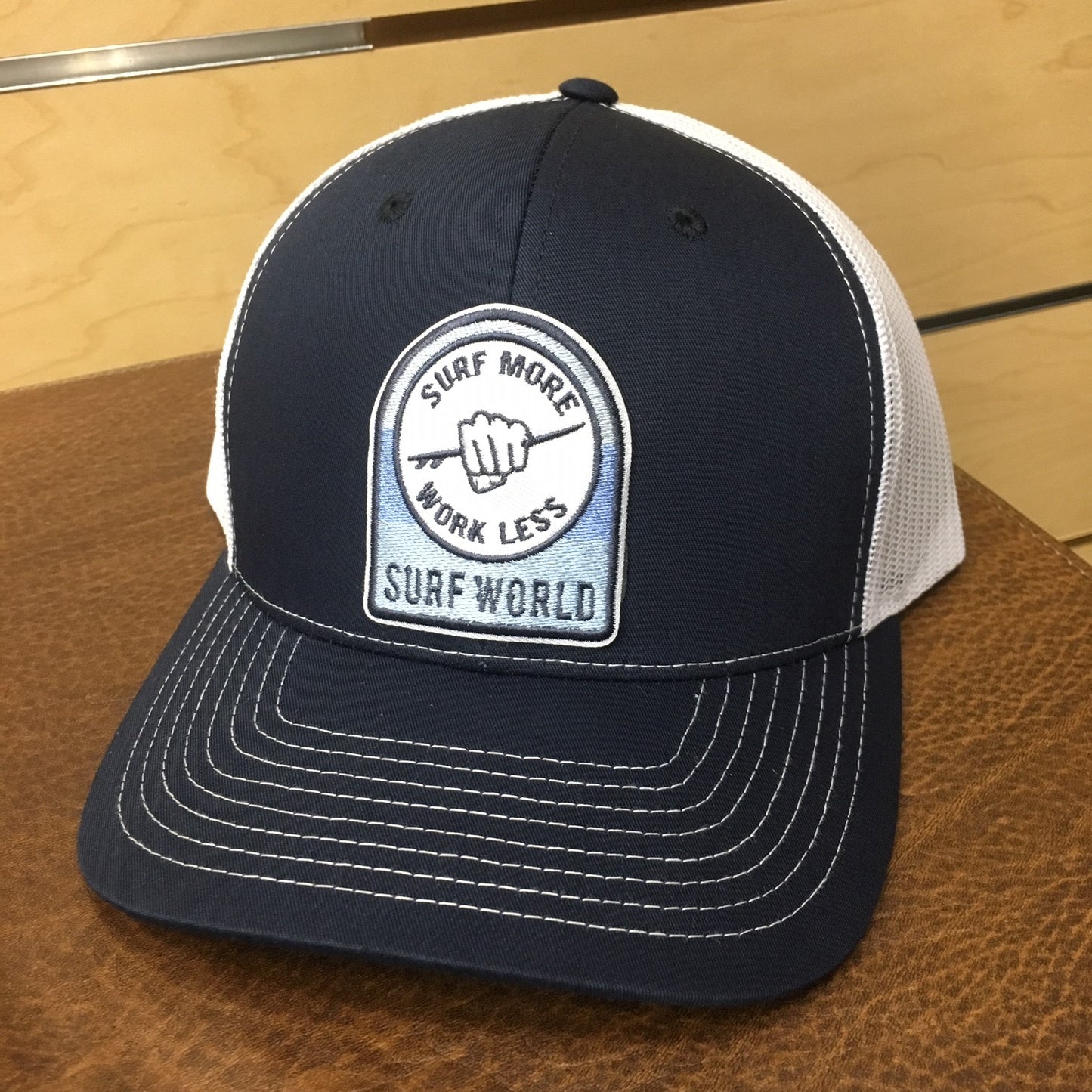 Surf World Surf More Work Less Trucker Hats Mens Hat Navy