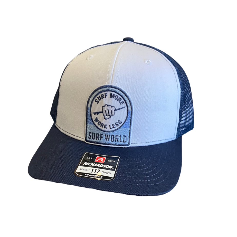 Surf World Surf More Work Less Trucker Hats Mens Hat White Navy