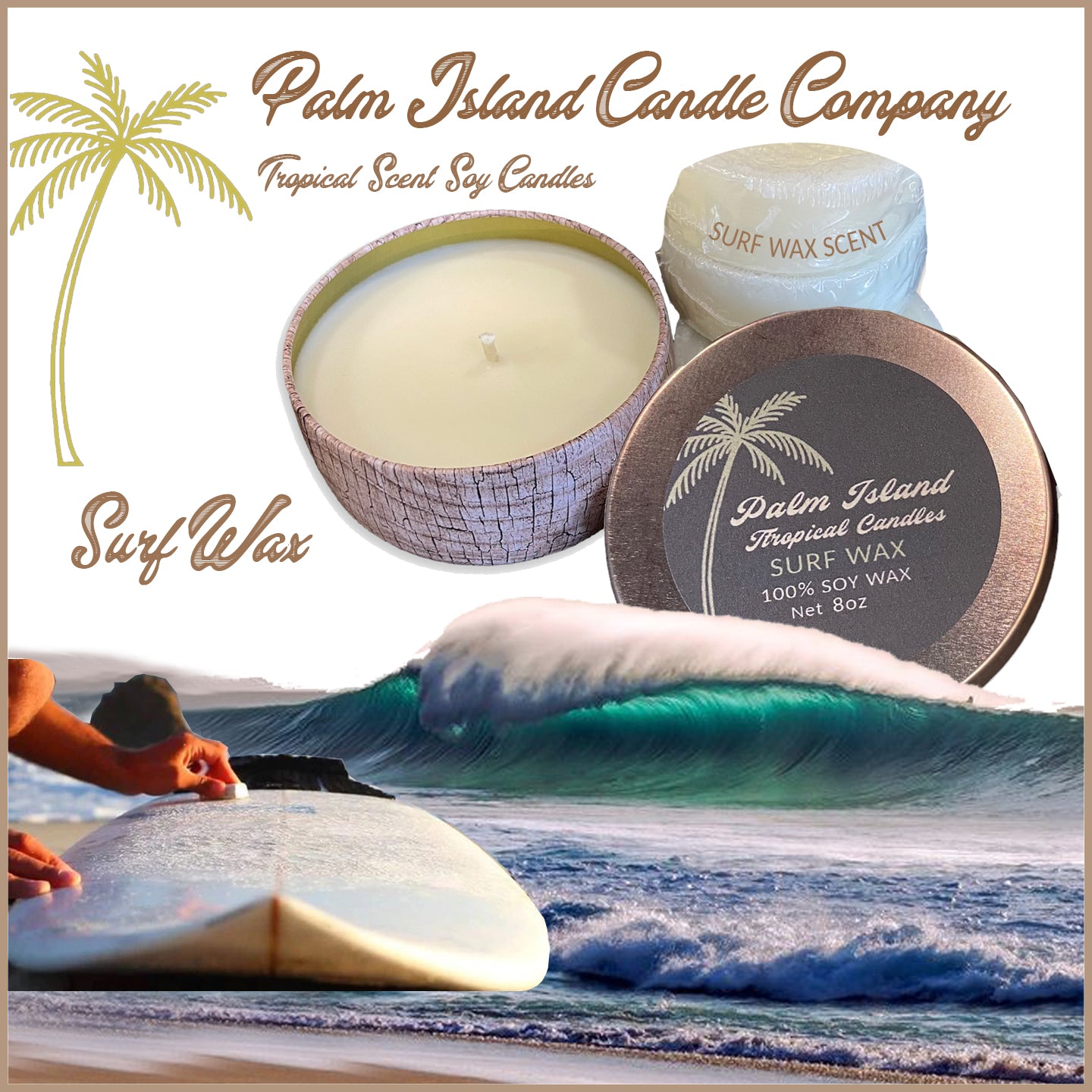 Palm Island Candle Co. 8oz Wood Print Metal Tin - Surf Wax Scent Candle