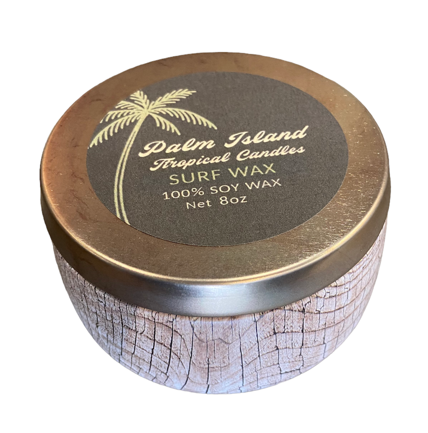 Palm Island Candle Co. 8oz Wood Print Metal Tin - Surf Wax Scent Candle