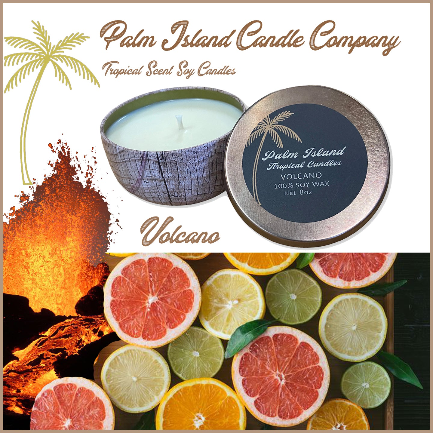 Palm Island Surf Wax Candles 10oz Matte Black Glass Jar - Volcano Candle 8oz woodlook tin